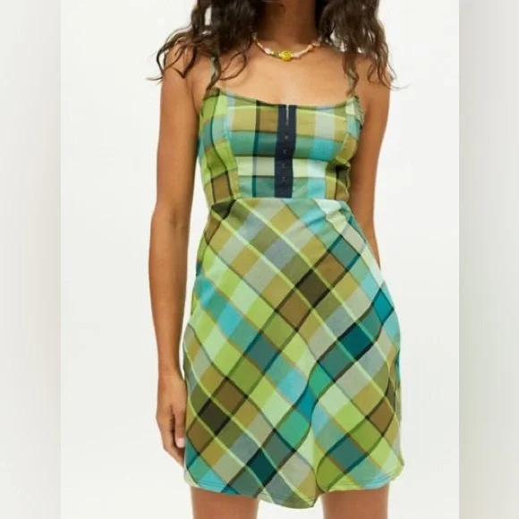 green emerald velvet dress Urban Outfitters Y-Neck Plaid Mini Dress  Change Things Up